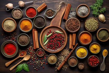 Various aromatic colorful spices and herbs. Ingredients for cooking. Ayurveda treatments. - obrazy, fototapety, plakaty