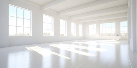 White minimalistic room with blank walls and sunlight streaming through windows. Sun rays and shadows background