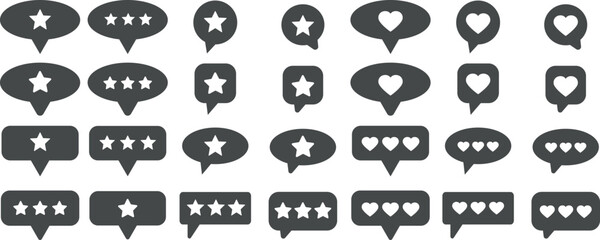 Set of customer review symbols. Feedback and communication, rating stars and like button hearts in different speech bubbles. Positive and negative comments and chat speech bubbles