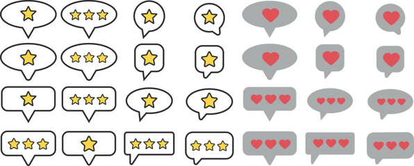 Set of colored customer review symbols. Feedback and communication, rating stars and like button hearts in different speech bubbles. Positive and negative comments and chat speech bubbles