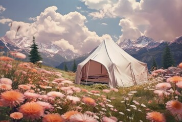 tented on a mountain full of flowers, generative ai