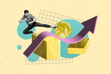 Artwork 3d collage poster image of crazy positive man jump up leg kick circle moon overcome...