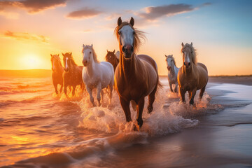 herd of horses of different colors running together on the beach in a sunset, ai generated.