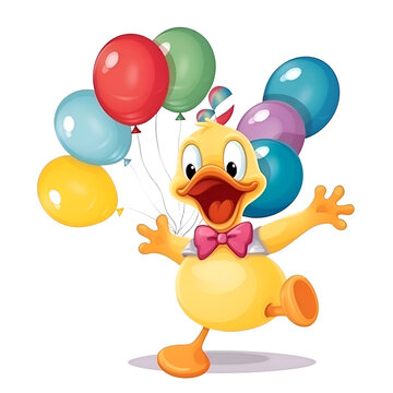 Illustration of a little yellow chicken with balloons on a white background