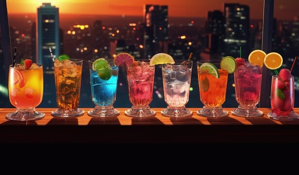 cool colorful drinks with different shaped glasses with ice cubes, fruits and straws. The city in background 