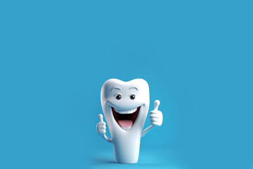 Tooth with thumb up over blue background. Generative Ai