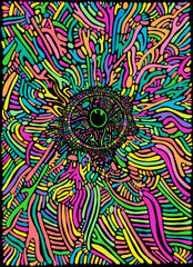 Fantastic psychedelic shamanic eyes of crazy patterns. Cartoon doodle style. Decorative stylish card.