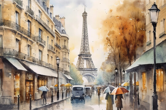 Paris (France) city in watercolor style. impressive drawing with the eiffel tower in the background. illustration. paint. image created with ai. vacation. travel. tourism