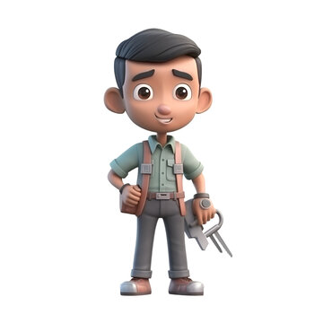 3D Render of a cartoon character with a tool belt and backpack