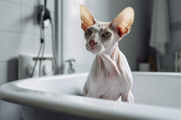 Hairless Sphynx Cat taking bath in bath tube. 
