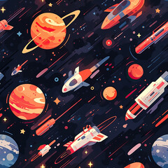 Space rockets and planets cute seamless repeat cartoon pattern
