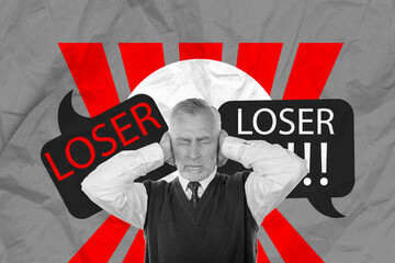 Fototapeta na wymiar Creative collage of unsatisfied grandfather arms cover ears suffer hate loser dialogue bubble message isolated on paper background