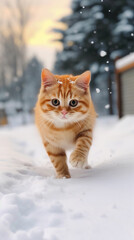 Adorable cat first time playing in the snow. Cute white fluffy cat walks in the snow in nature. Cat under a snowfall winter. Realistic 3D illustration. Generative AI