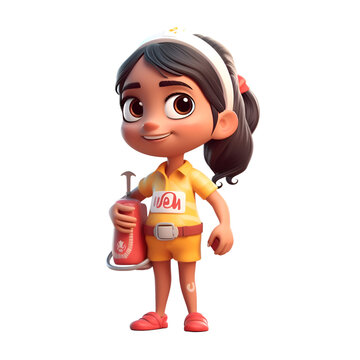 3d rendering of a cute cartoon girl holding a fire extinguisher