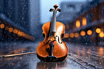 Fototapeta premium The violin is wet in the rain. AI generated.