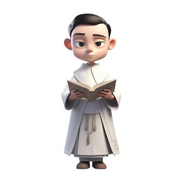 3D illustration of a cartoon character with a bible. Isolated white background.