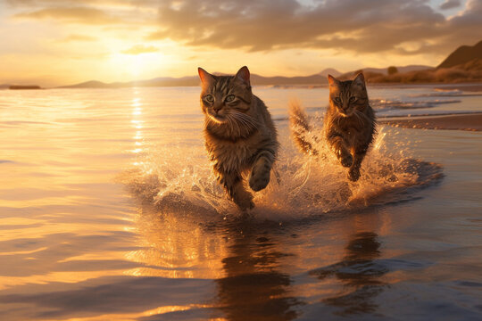 Two cats run in shallow water on a river or sea. Kittens raise splashes of water. AI generated.