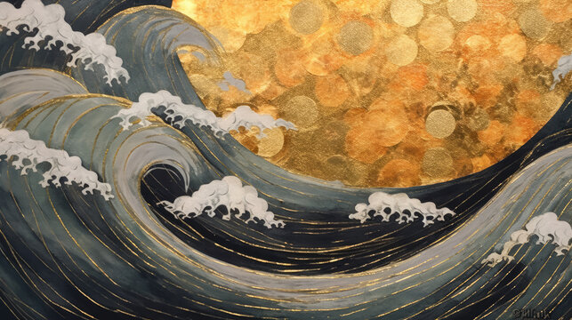 Water waves peacefully crash on dark background. Traditional Japanese illustration of nature's beauty