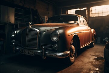 Vintage car stored in a garage. Generative AI