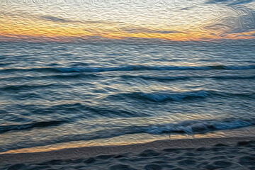 An abstract softly colored digitally created oil paint rendering of a beautiful beach and shoreline at sunset