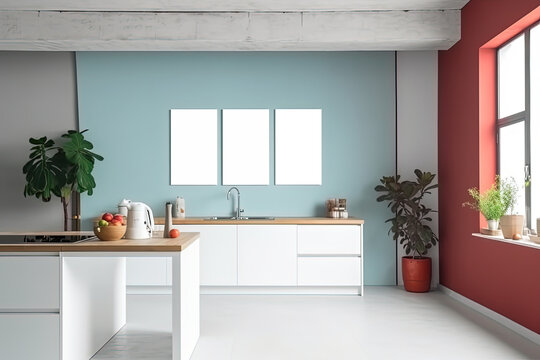 empty wall decor picture frame in contemporary minimal style kitchen room, mockup idea, Generative Ai