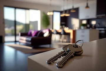 Foto op Plexiglas Keys on the table in new apartment or hotel room. Mortgage, investment, rent, real estate, property concept. Generative AI © Elena