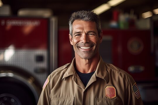 Portrait of a smiling firefighter standing in front of a fire engine
