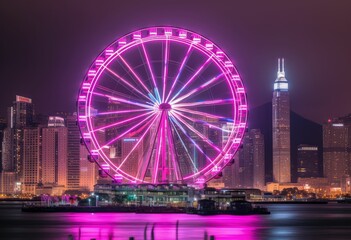 Obraz premium Ferris Wheel Transcends Amidst Elegant Cityscapes of Dark Cyan and Light Crimson