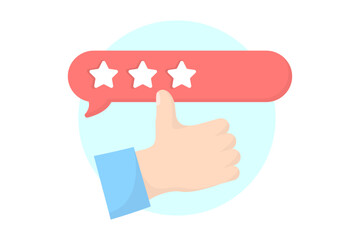 Thumbs up hand and three star rating. Shopping flat style icons in red and blue colors