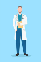 Avatars of male doctor with brown hair, beard in uniform with stethoscopes and documents. Flat style vector illustration isolated on white background