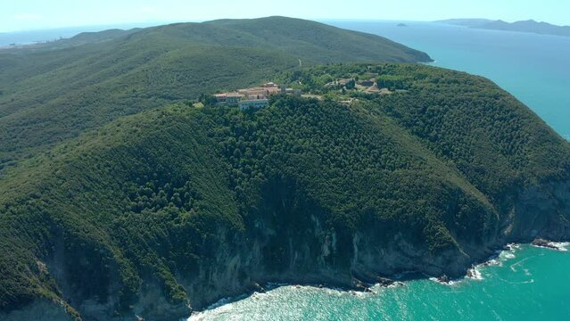 aerial view of the coastal town of Tuscan Populonia