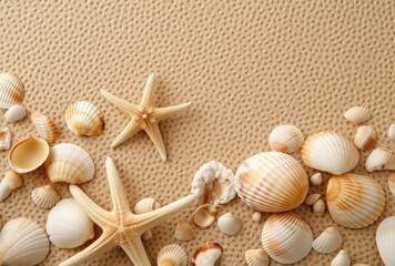 Fototapeta na wymiar Beach summer vacation background with seashells and starfish.