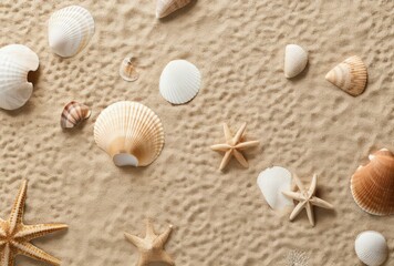 Beach summer vacation background with seashells and starfish.