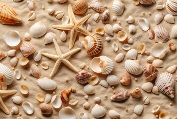 Sea background with starfish and seashells in white and cream yellow color on light beige background