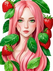Beautiful cute girl face portrait with a pink hair green eyes in aquarelle style, creative illustration red strawberry leaves background watercolor painting. Generative AI
