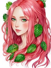 Beautiful cute girl face profile portrait with a red strawberry leaves pink hair green eyes in aquarelle style, creative illustration background watercolor painting. Generative AI