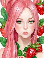 Beautiful woman cute face portrait with a pink hair green eyes in aquarelle style, creative illustration red strawberry leaves background watercolor painting. Generative AI