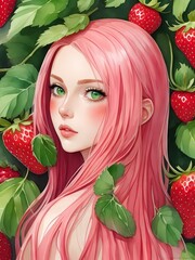 Beautiful girl cute face profile portrait with a pink hair green eyes in aquarelle style, creative illustration red strawberry leaves background watercolor painting. Generative AI