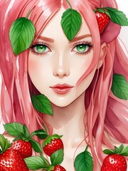 Beautiful woman cute face portrait with a red strawberry pink hair green eyes in aquarelle style, creative illustration leaves background watercolor painting. Generative AI