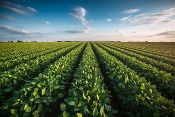Fototapeta na wymiar A bird's eye view of an expanse of soybean crops under a flawless azure sky. Generative AI