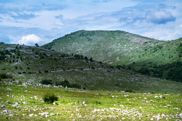 View over the hilly landscape of the Croatian Coastal Mountains.