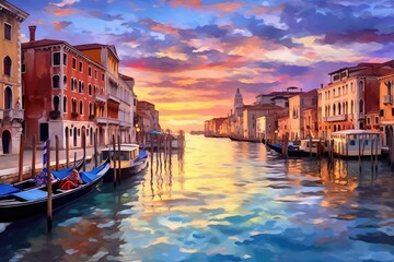 Naklejka premium Sunset view of Grand Canal, Venice. Vaporetto or waterbus station, boats, gondolas