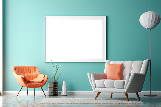 empty wall decor picture frame in contemporary minimal style living room, mockup idea, Generative Ai