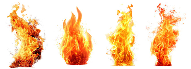 Set of burning fires of flames and sparks on transparent background. For use on light backgrounds.