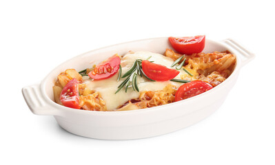 Baking dish of pasta with tomato sauce and cheese on white background