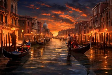 Sunset view of Grand Canal, Venice. Vaporetto or waterbus station, boats, gondolas - obrazy, fototapety, plakaty