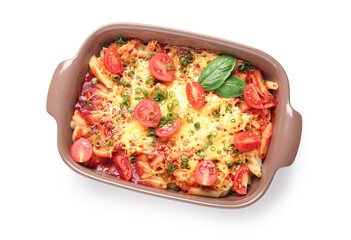 Baking dish of pasta with tomato sauce and cheese on white background