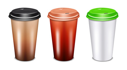 Blank paper takeaway coffee cup with plastic lid realistic mock-up. Color mockup set. Easy editable vector illustration