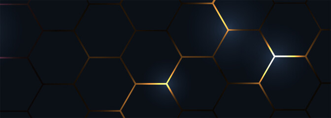 Hexagon technology black and yellow colored honeycomb wide abstract background. Vector illustration