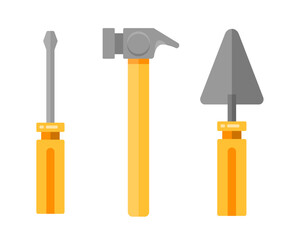 Set of spatula, screwdriver and hammer. Service tools. Industry hand drawn flat collection. Industrial equipment